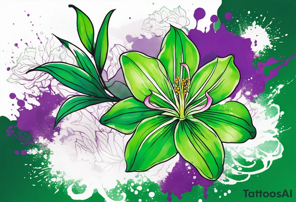 An outline of a green rio dipladenia flower and a green and purple watercolor splash in the background tattoo idea