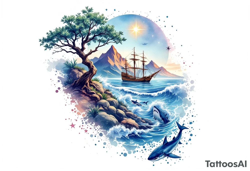 tattoo that has an acacia tree with mountains, ocean with a ship wreck with sharks and the northern star tattoo idea