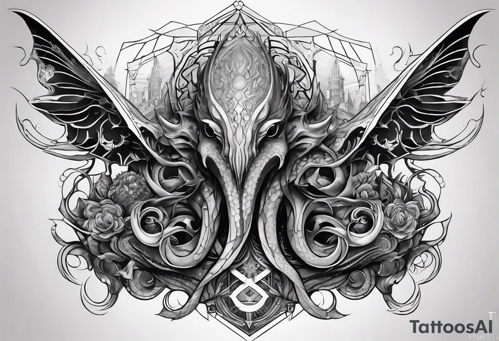 Lovecraftian creature, flowing into more futuristic technology elements. Half sleeve on arm. tattoo idea