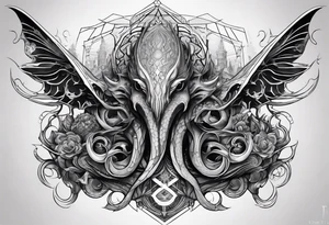 Lovecraftian creature, flowing into more futuristic technology elements. Half sleeve on arm. tattoo idea