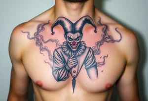 jester in a fog of smoke tattoo idea