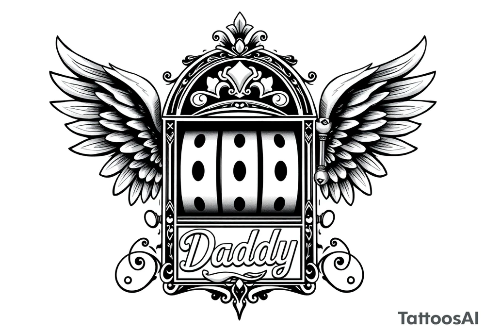 Slot machine with angel wings and word Daddy tattoo idea