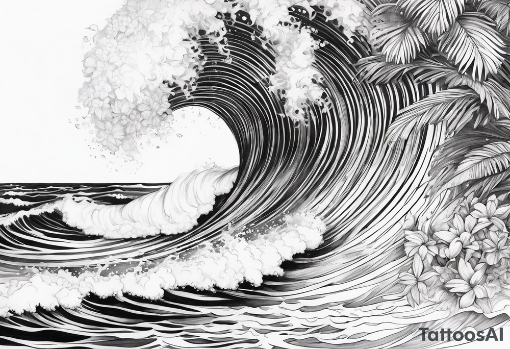 wave,, flower, palm, sea tattoo idea