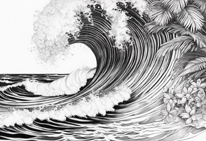 wave,, flower, palm, sea tattoo idea