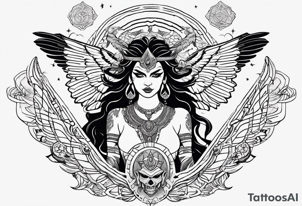 black kali, goddess pirate, alien, angel, pachamama, valkrye, warrior, flying, skull, lotus azul, wing, eagle, zenza resonance, stars, 5D, anahata chakra, death, durga, riding on a tiger, flying lady tattoo idea