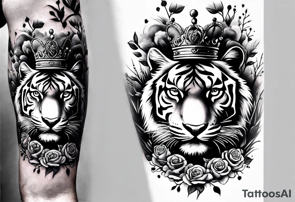 A full sleeve tiger with a crown and third eye with a hour glass instead the hour glass brain cover in in clouds and a heart cover in grass and roots with roses and smoke all over the arm tattoo idea