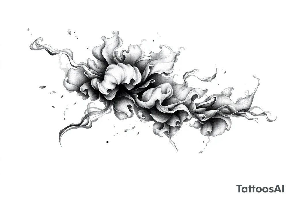 Tattoo sleeve filler using smoke, ash, and fragmented memory effects, organic flow wrapping around arm muscles, soft gradients, negative space, black and grey realism, seamless transitions between main tattoo elements. tattoo idea