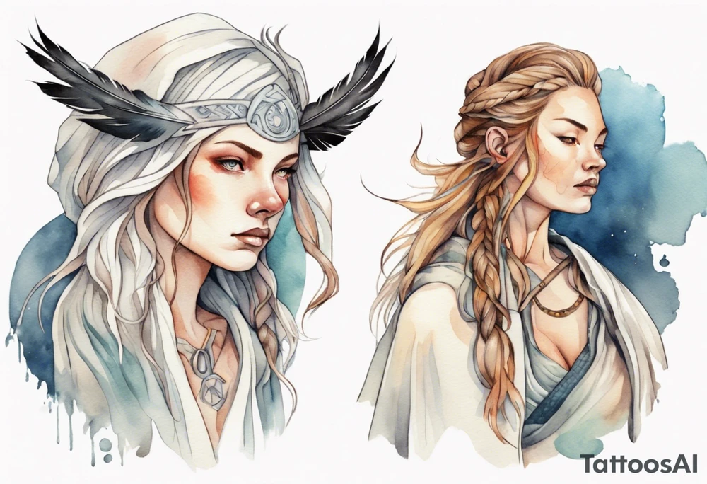a solitary Norse woman with a white cloak and a single feather in her hair tattoo idea