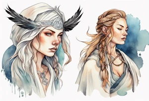 a solitary Norse woman with a white cloak and a single feather in her hair tattoo idea