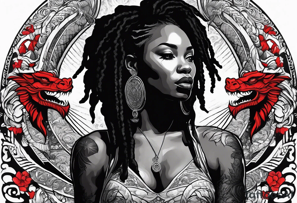 Black woman with locs and red dragon tattoo idea