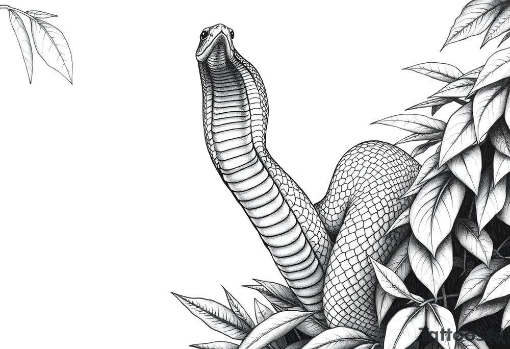Upright cobra emerging from dense jungle foliage, detailed scales. tattoo idea