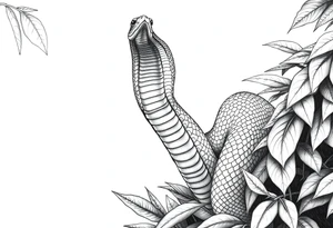 Upright cobra emerging from dense jungle foliage, detailed scales. tattoo idea