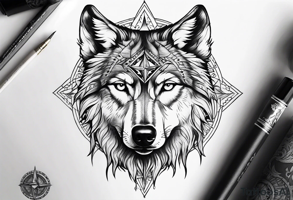 Half wolf face half compass tattoo idea
