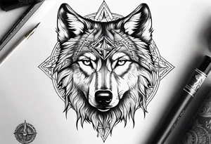 Half wolf face half compass tattoo idea