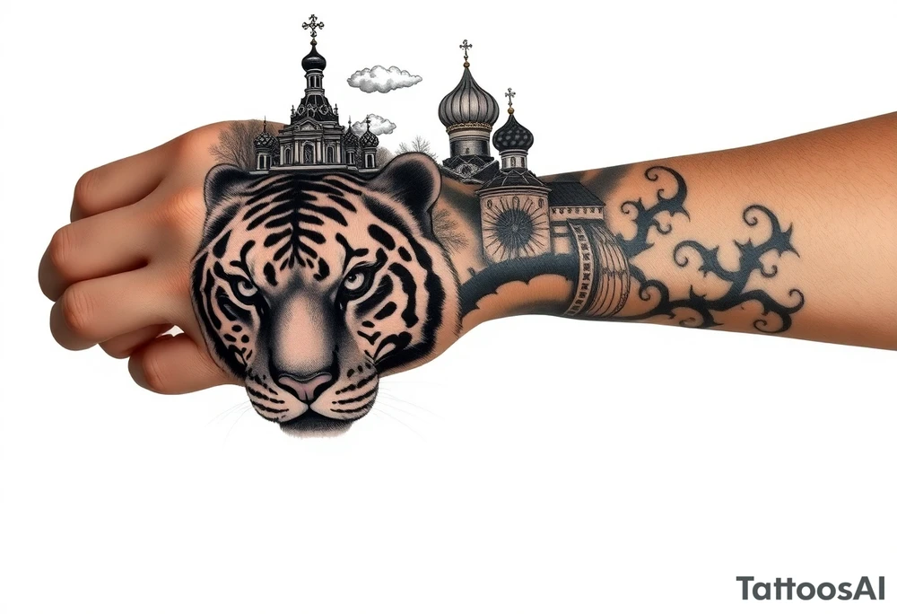 Realistic tiger face on the back of the hand with strong contrast and fine detail with all black eyes. then a highly detailed Russian Orthodox cathedral sitting above on the top fore arm with onion domes and orthodox crosses, done in fine line, engraving-like style. Cohesive composition, black ink only, no color, high contrast, slightly aged, documentary-style, plain light background. with clouds above and a virgin mary tattoo idea