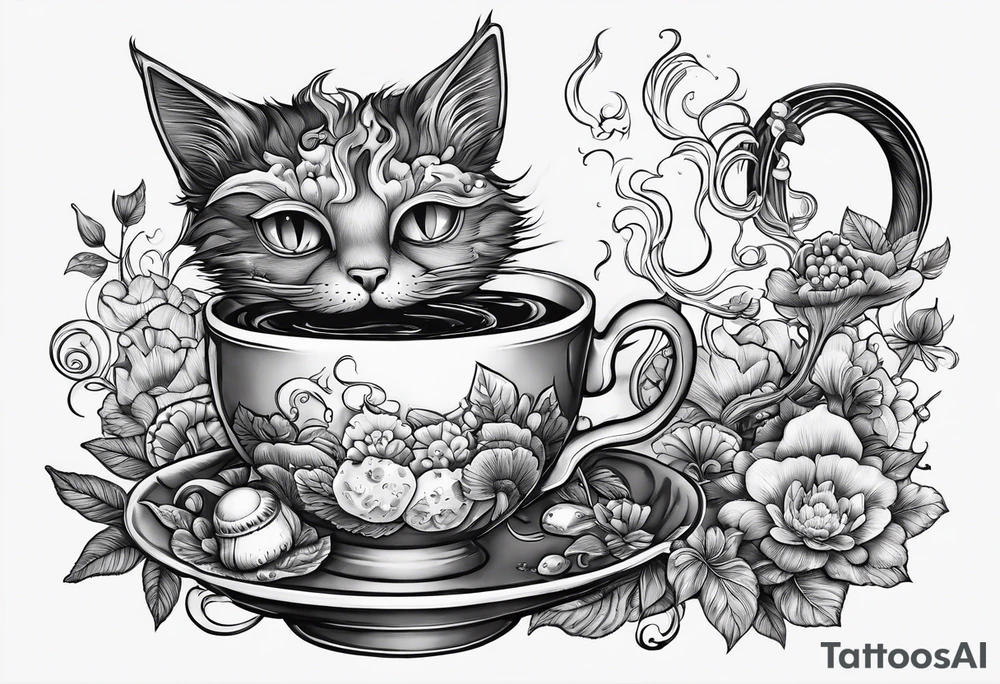 A mysterious cat taking a hot mushrooms cup of tea tattoo idea