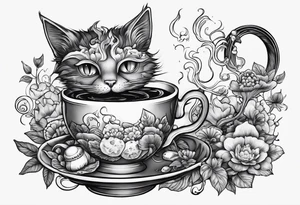 A mysterious cat taking a hot mushrooms cup of tea tattoo idea