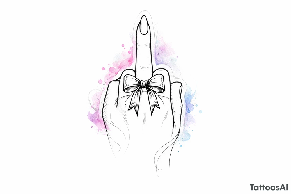 Tiny detailed bow, middle finger, spectral outline, vibrant watercolor wash. tattoo idea