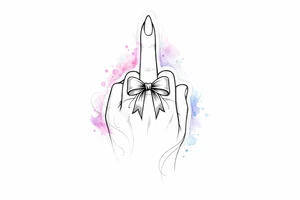 Tiny detailed bow, middle finger, spectral outline, vibrant watercolor wash. tattoo idea