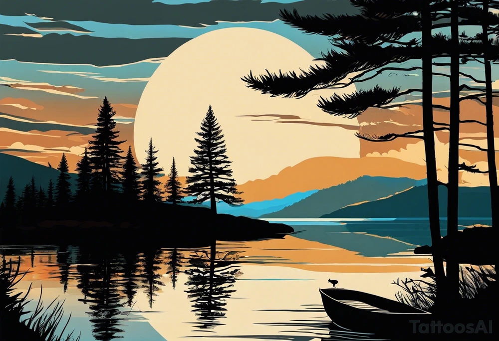 Sleeve tattoo windswept pine tree before lake with low hills on far side of lake. Mastiff silhouette in the foreground. with a dock coming out from the shore. Canadian shield. 
Include the words: "If the sun refused to shine
I would still be loving you
When mountains crumble to the sea
There will still be you and me" tattoo idea