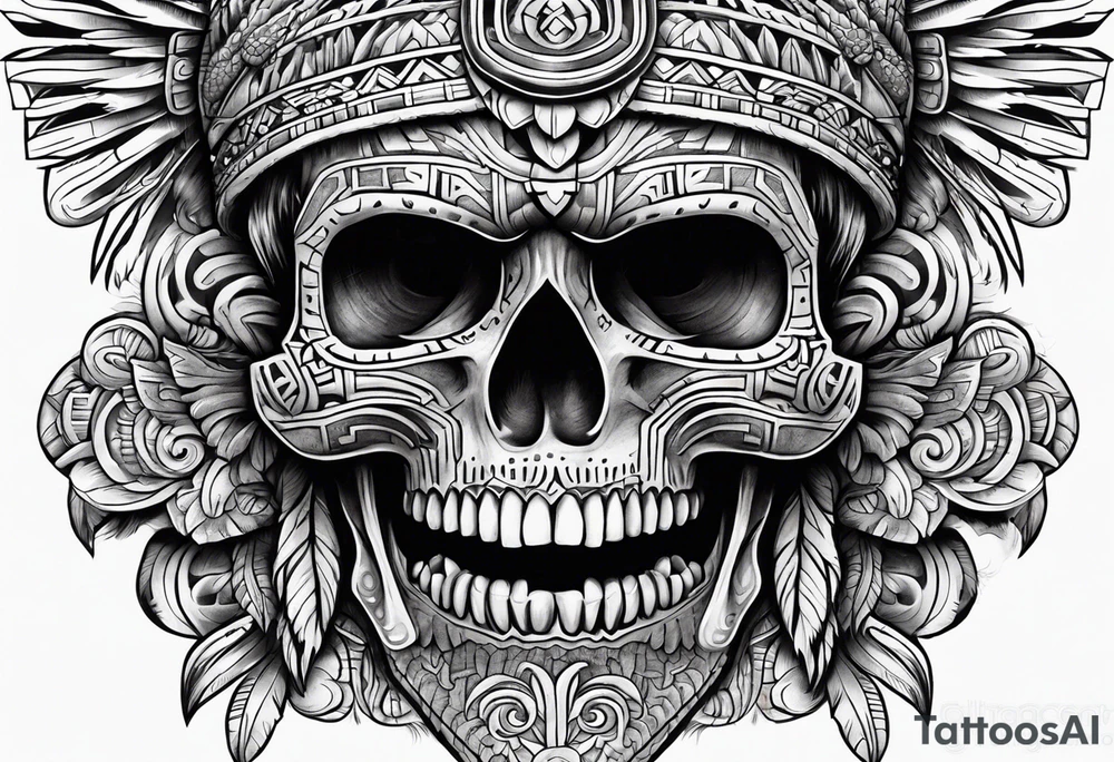Aztec skull with open mouth tattoo idea
