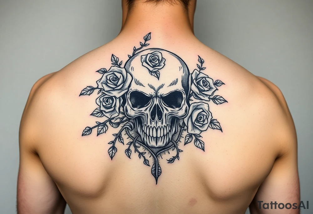 gothic skull intertwined with climbing roses and thorny vines tattoo idea