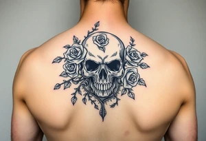 gothic skull intertwined with climbing roses and thorny vines tattoo idea