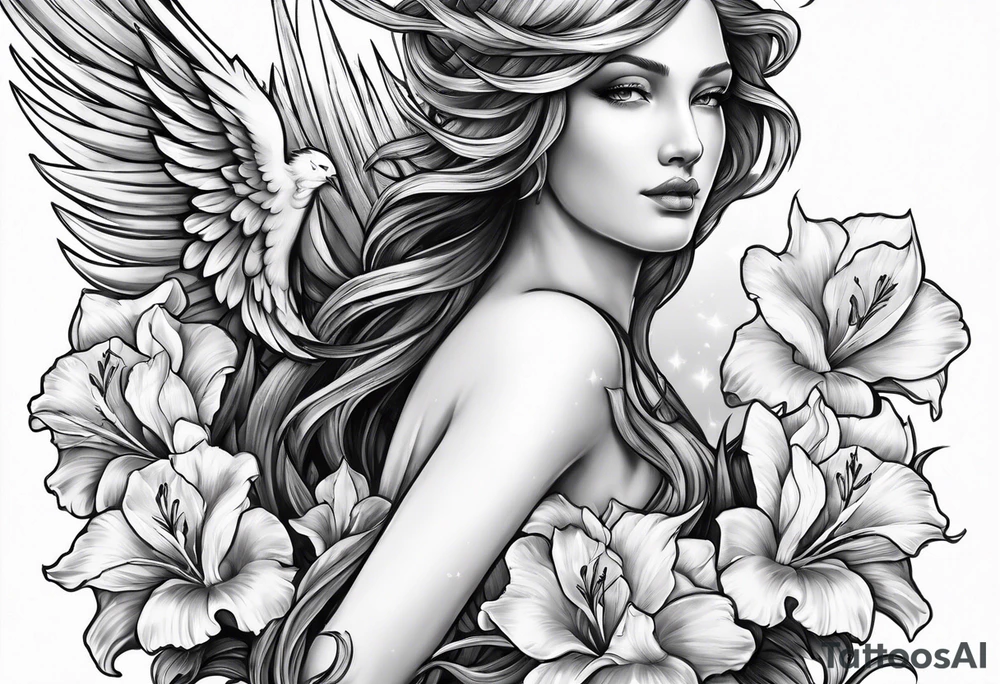 Angel holding gladiolus flowers reaching down tattoo idea Angel holding gladiolus flowers reaching down tattoo idea