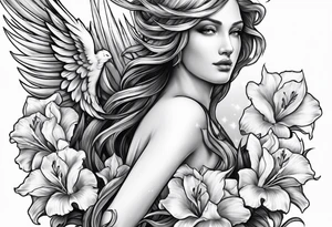 Angel holding gladiolus flowers reaching down tattoo idea