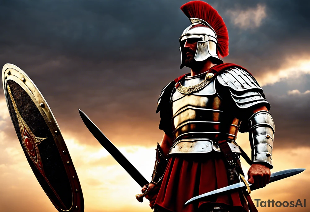 a high ranking roman soldier from AD 60, wearing armour which must include an armoured belt, breastplate, armoured shoes, shield, helmet and sword.
the soldier must look strong. the soldier is faceless. The image must include the full person, not just the top half. The soldier is mid-battle, fending off flaming arrows with his shield tattoo idea