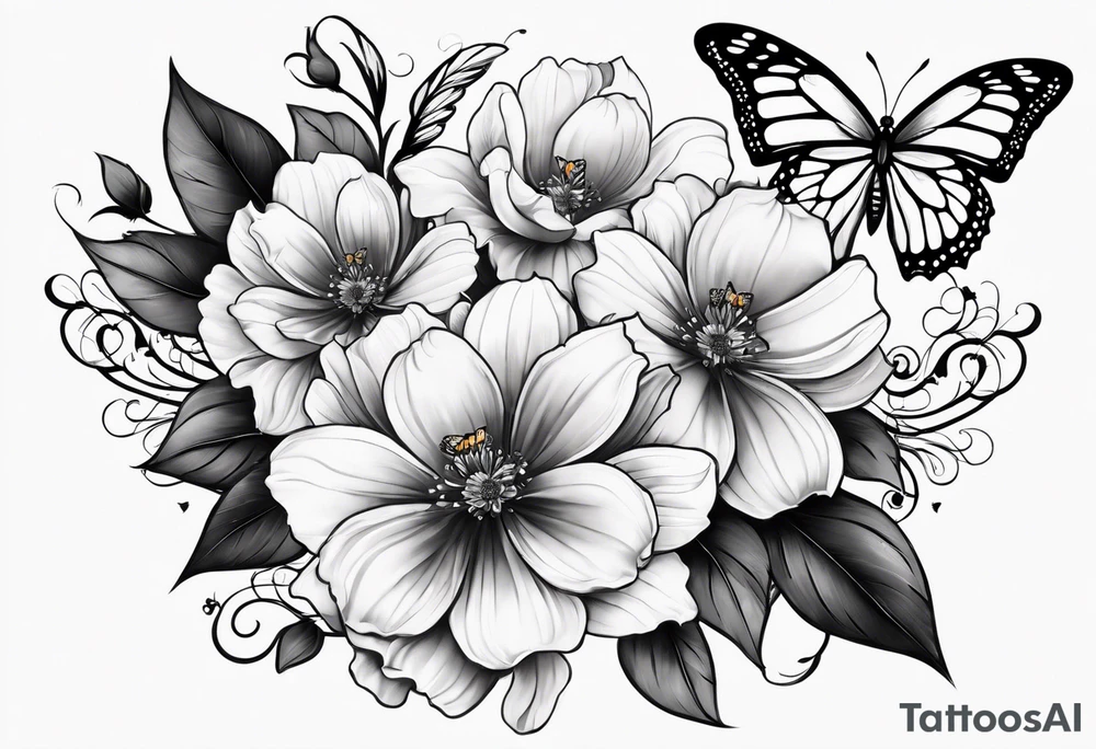 Half face with flowers and butterfly tattoo idea