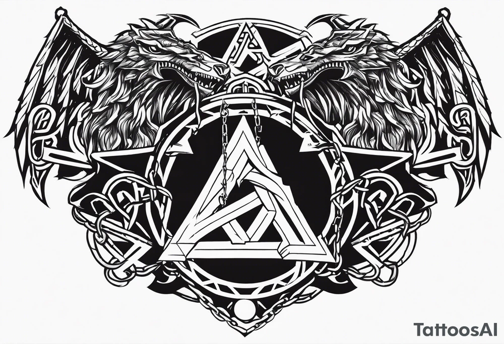 Valhalla sword shield dragon axe Valknut barbed wire chains tattoo idea
