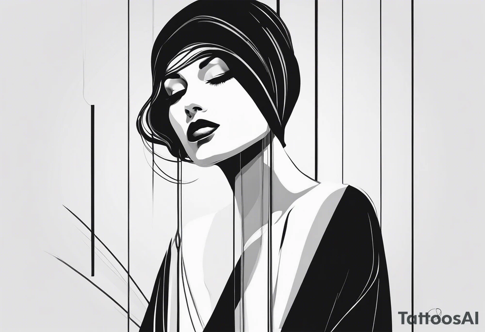 ilustração minimalista, predominantemente em preto e branco, em arte digital estilo traços, como o esboço de um desenho. A ilustração deve representar Oxum Opará, tendo uma figura feminina no centro, desenhada com linhas fluidas e graciosas, vestindo um longo manto ou vestido que flui elegantemente. A mulher está de perfil e parece dançar ou mover-se ritmicamente, sugerindo leveza e movimento. Sua cabeça é adornada com uma coroa, tendo contas presas na coroa que cobrem seu rosto. Seu cabelo está preso em uma trança. Na mão esquerda carrega um Abebé, que é espelho. Na mão direita carrega uma adaga, uma pequena espada, mostrando que se trata de Oxum Opará, uma mistura de Oxum e Iansã. tattoo idea