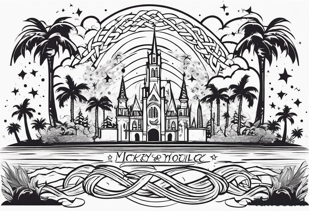 mickey mouse in a lightning storm with palm trees and the celtic symbol for family tattoo idea