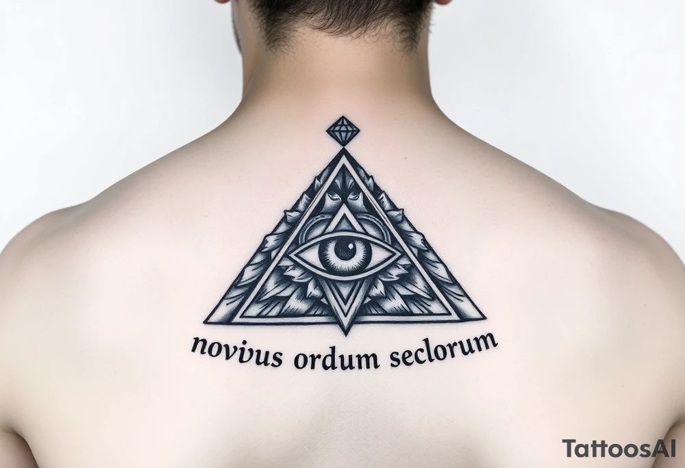 Pyramid with eye in the center, diamond on the top,surrounded by words - novus ordum seclorum tattoo idea