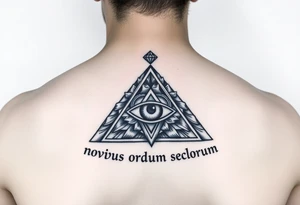 Pyramid with eye in the center, diamond on the top,surrounded by words - novus ordum seclorum tattoo idea