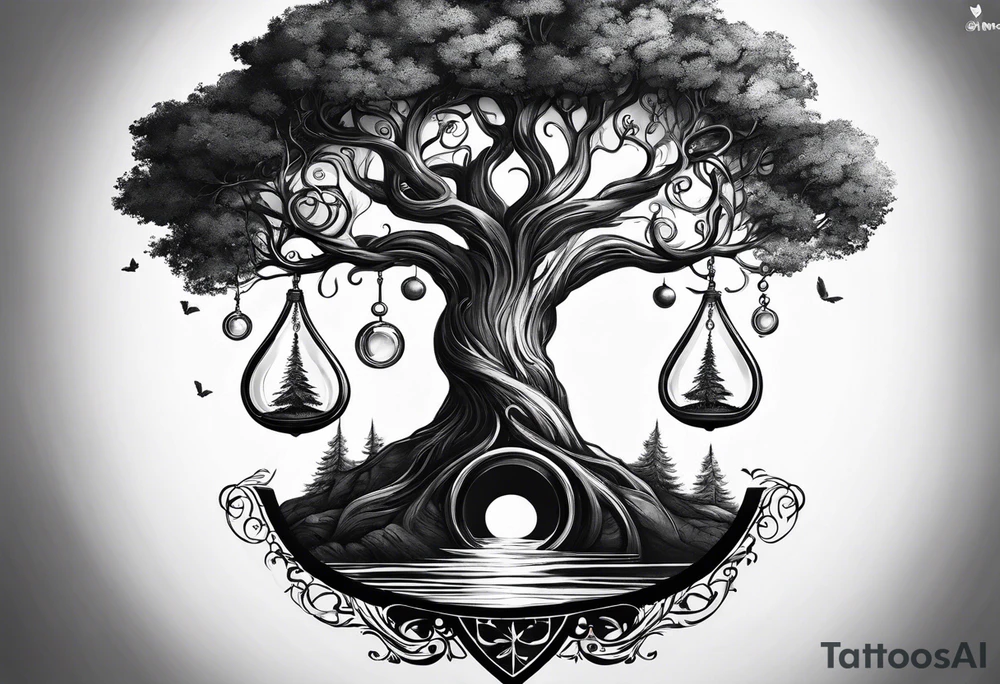 circle of life tree coming out of an hourglass tattoo idea