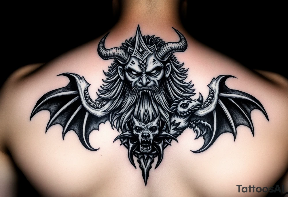 Hades con Cerbero en un pectoral (dios del inframundo y su perro de tres cabezas): oscuro, impactante y con gran fuerza visual. tattoo idea