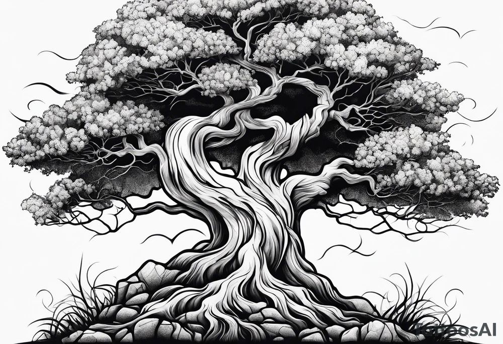 Tree growing out of stone with roots creating cracks tattoo idea