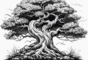 Tree growing out of stone with roots creating cracks tattoo idea