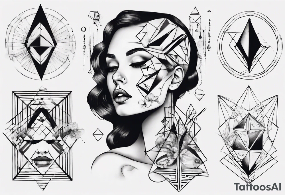 beautiful woman mixed with geometric objects tattoo idea