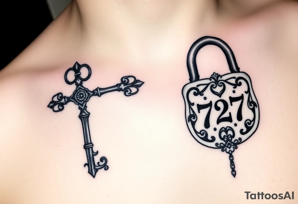 Matching/ connecting tattoos:
Your Tattoo (Key): A skeleton key with an ornate, gothic-style handle. To include your date, the numbers "0727" could be subtly incorporated into the key's teeth. The key design could also feature a small, hidden "J".
His Tattoo (Lock): A heavy, antique-style padlock with intricate etchings. The date "0727" could be carved into the lock's face, with a hidden "T" worked into the metal detail or shadow. A chain could dangle from the lock.
Connecting Element: The key is designed to perfectly fit the lock, symbolizing that you are a perfect match. The key can be placed on your arm, and the lock on his, so that when you link arms, the tattoos come together. tattoo idea
