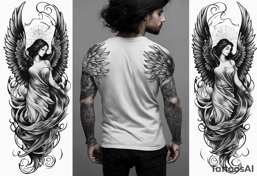 I want sleeve on my right arm depicting four sections, one celestial style with a friend drifting through the cosmos as an angel. One of a band hugging each other standing, one of love lost and found, and a phoenix atop all of it on my shoulder tattoo idea