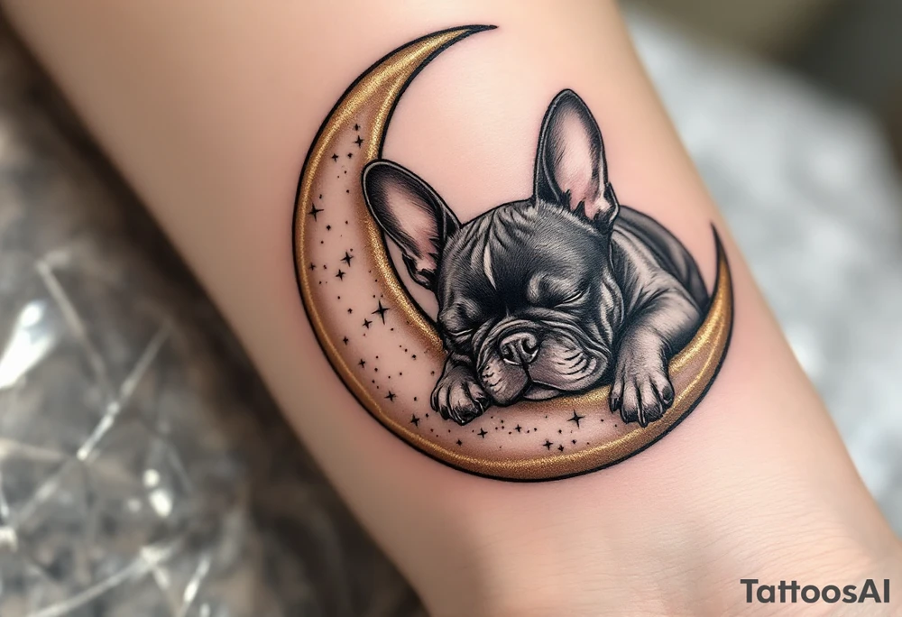 Sleeping French Bulldog on a crescent moon, dreamy pose in black and gray ink, with gold accents on the moon edges. tattoo idea