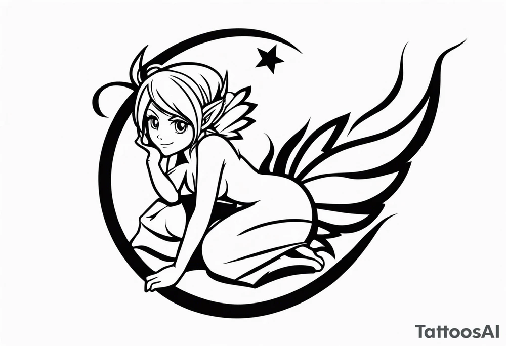 A fairy with a tail inspired by the logo of the show called Fairy Tail in a fetal position leaning in tattoo idea