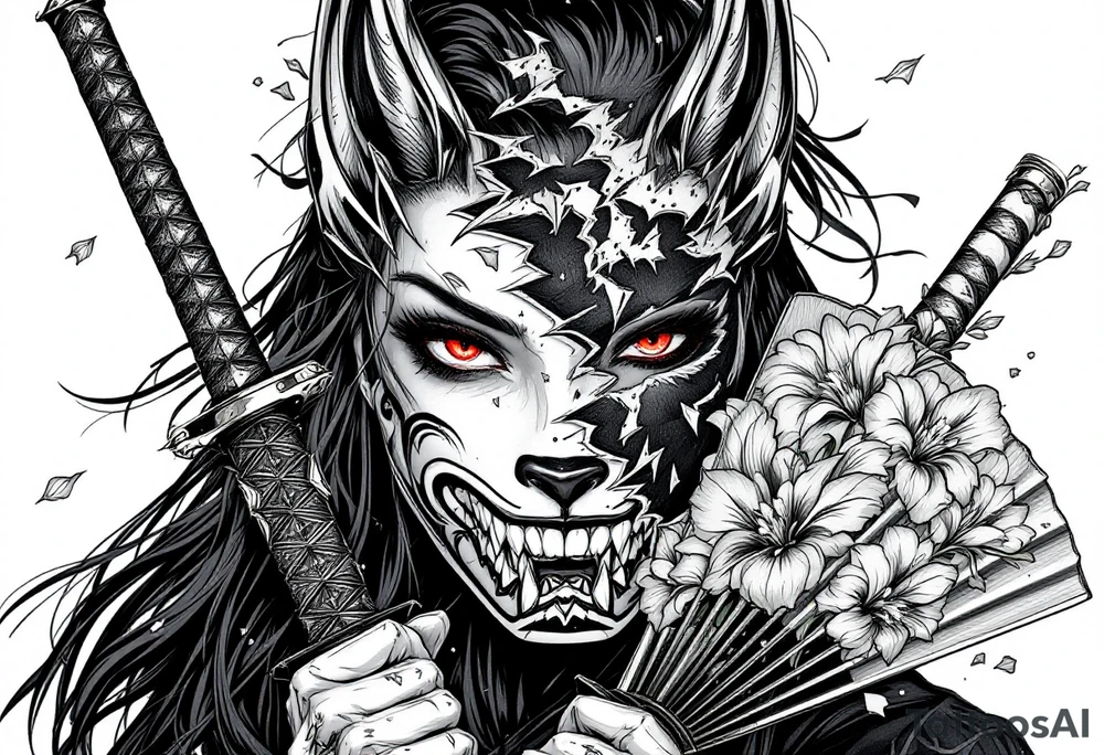 Woman samurai with red eyes wearing an half and broken kitsune mask, holding katanas and japanese fan with Iris flowers tattoo idea