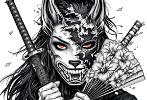 Woman samurai with red eyes wearing an half and broken kitsune mask, holding katanas and japanese fan with Iris flowers tattoo idea
