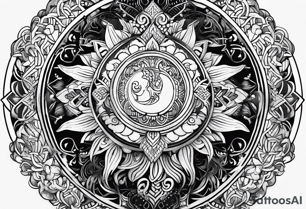 Viking, feminine warrior, mandala, bedroom eyes, headshot, closeup, full design, princess, round emblem, moon goddess tattoo idea