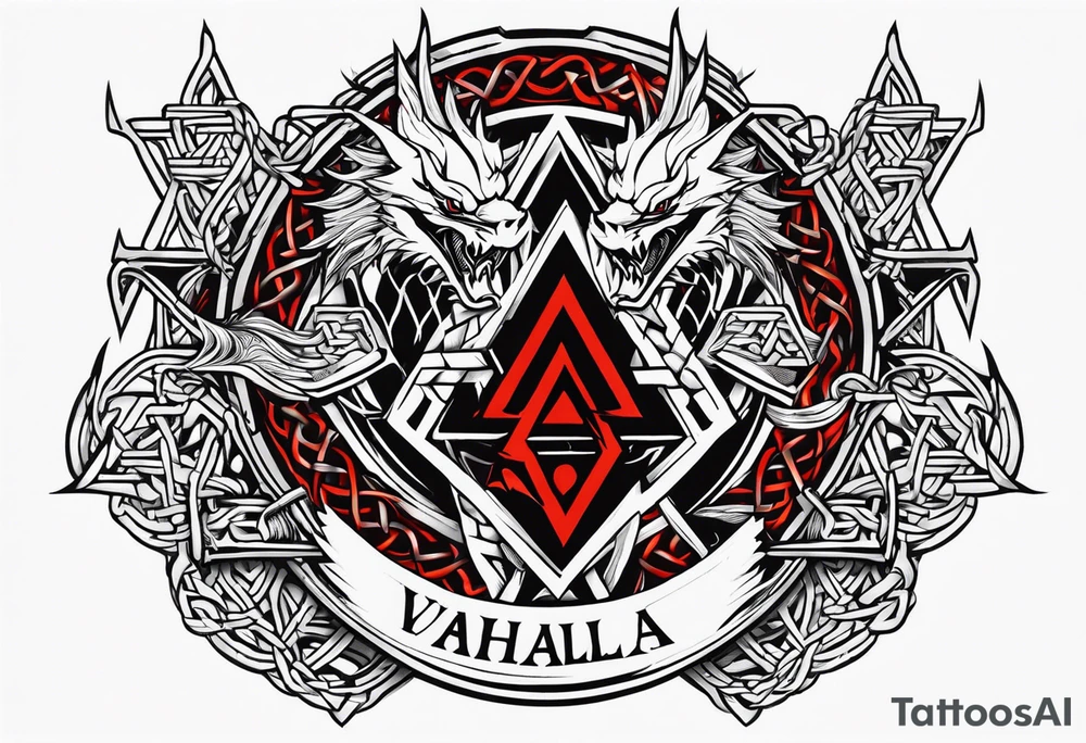 Valhalla sword shield axe barbed wire chains valknut fire dragon tattoo idea Valhalla sword shield axe barbed wire chains valknut fire dragon tattoo idea