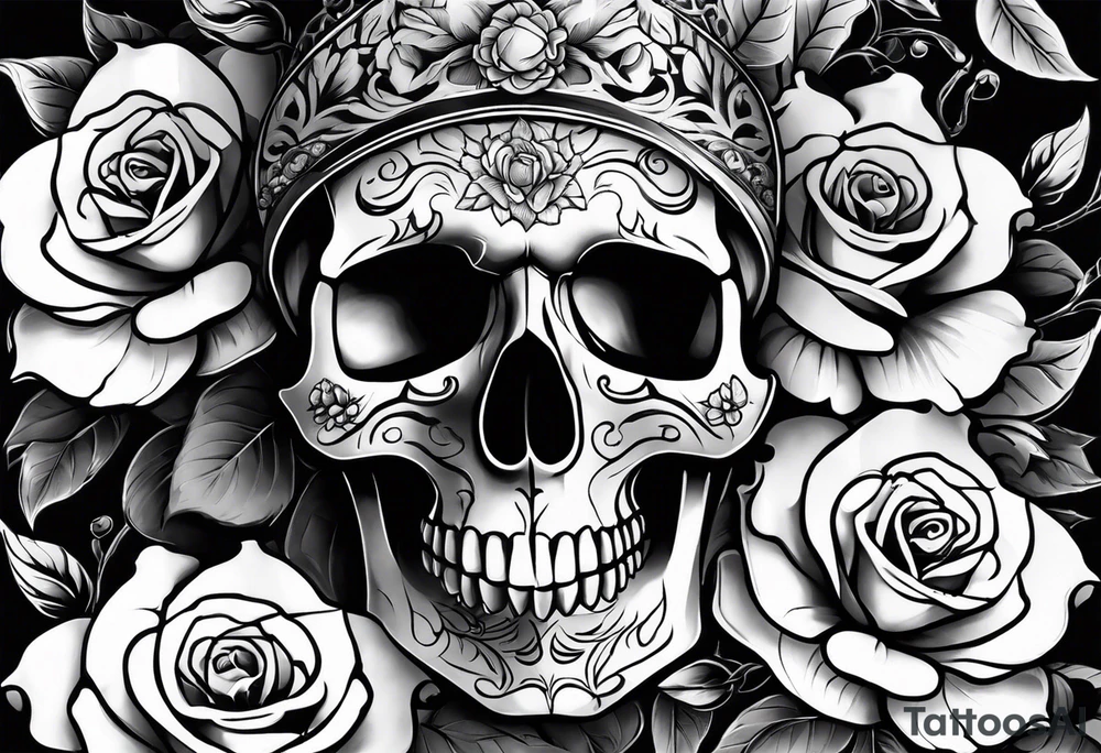 skull tattoo with roses tattoo idea